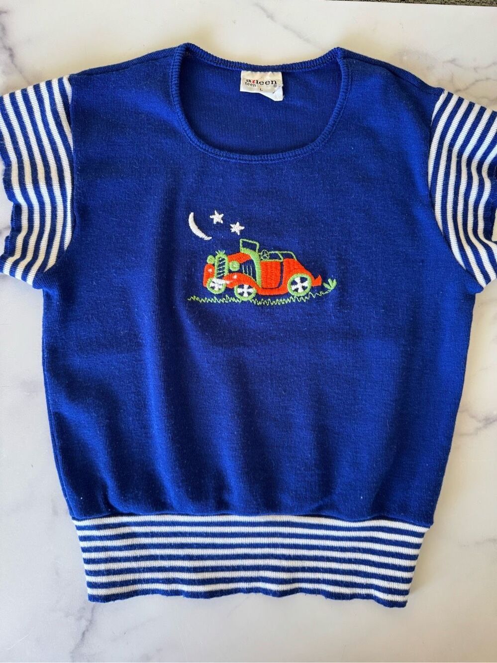 Aileen 70’s royal blue short sleeve adult XS / kids M sweater blouse embroidered